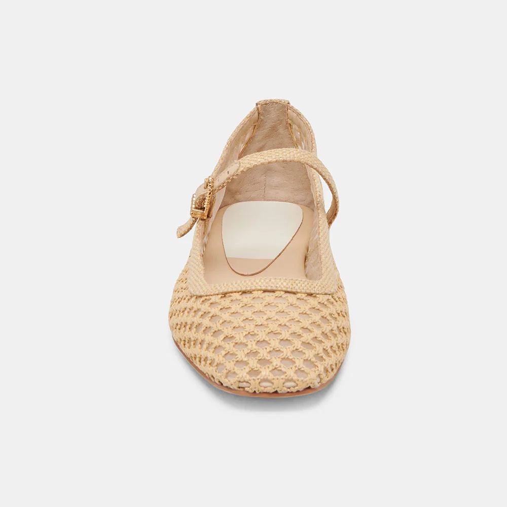 Beige Raffia Square Toe Woven Cut-Out Flat Shoes for Women