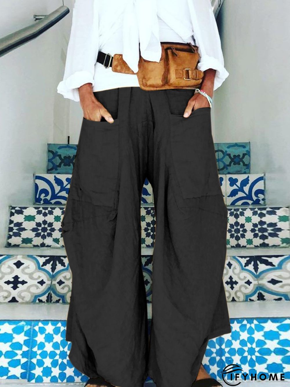 Women Casual Cotton Solid Pockets Pants | IFYHOME