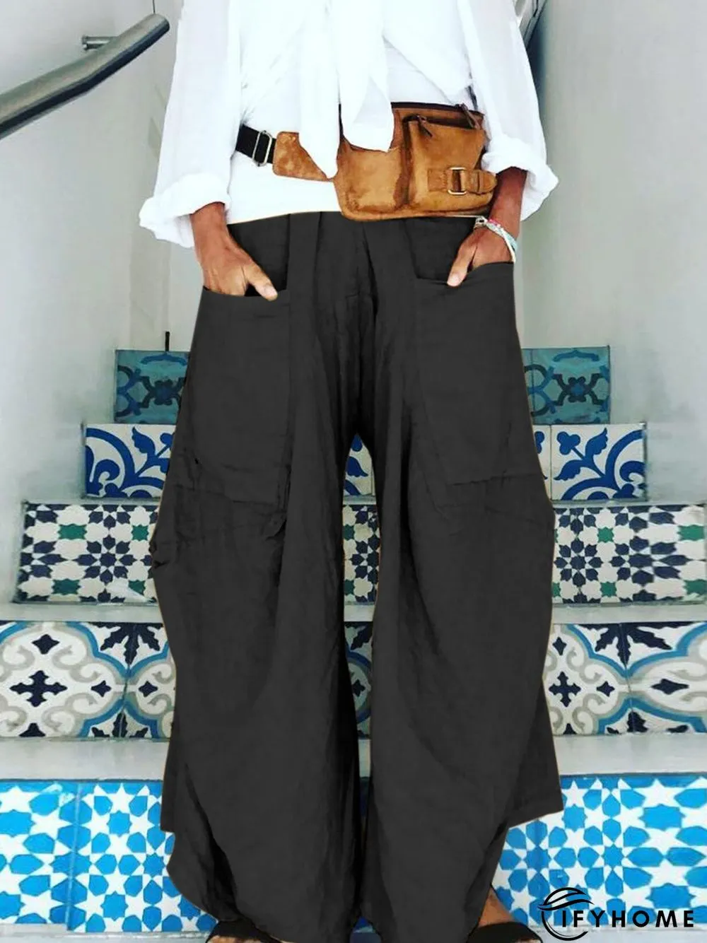 Women Casual Cotton Solid Pockets Pants | IFYHOME