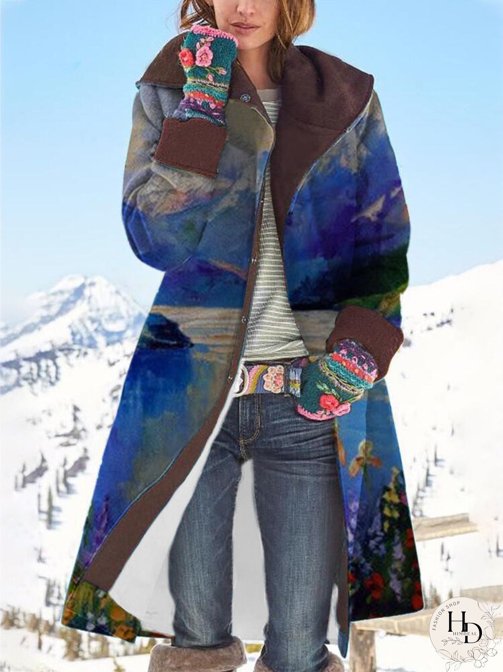 Landscape Print Button Long Sleeve Hooded Woolen Coat