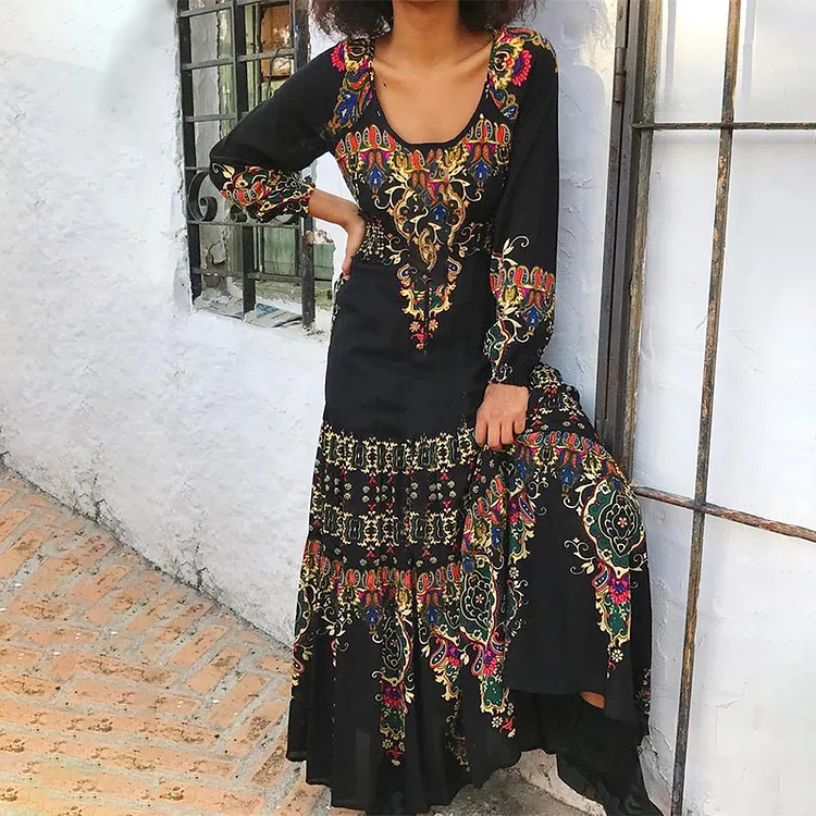 Women's Boho U Neck Printed Maxi Dress