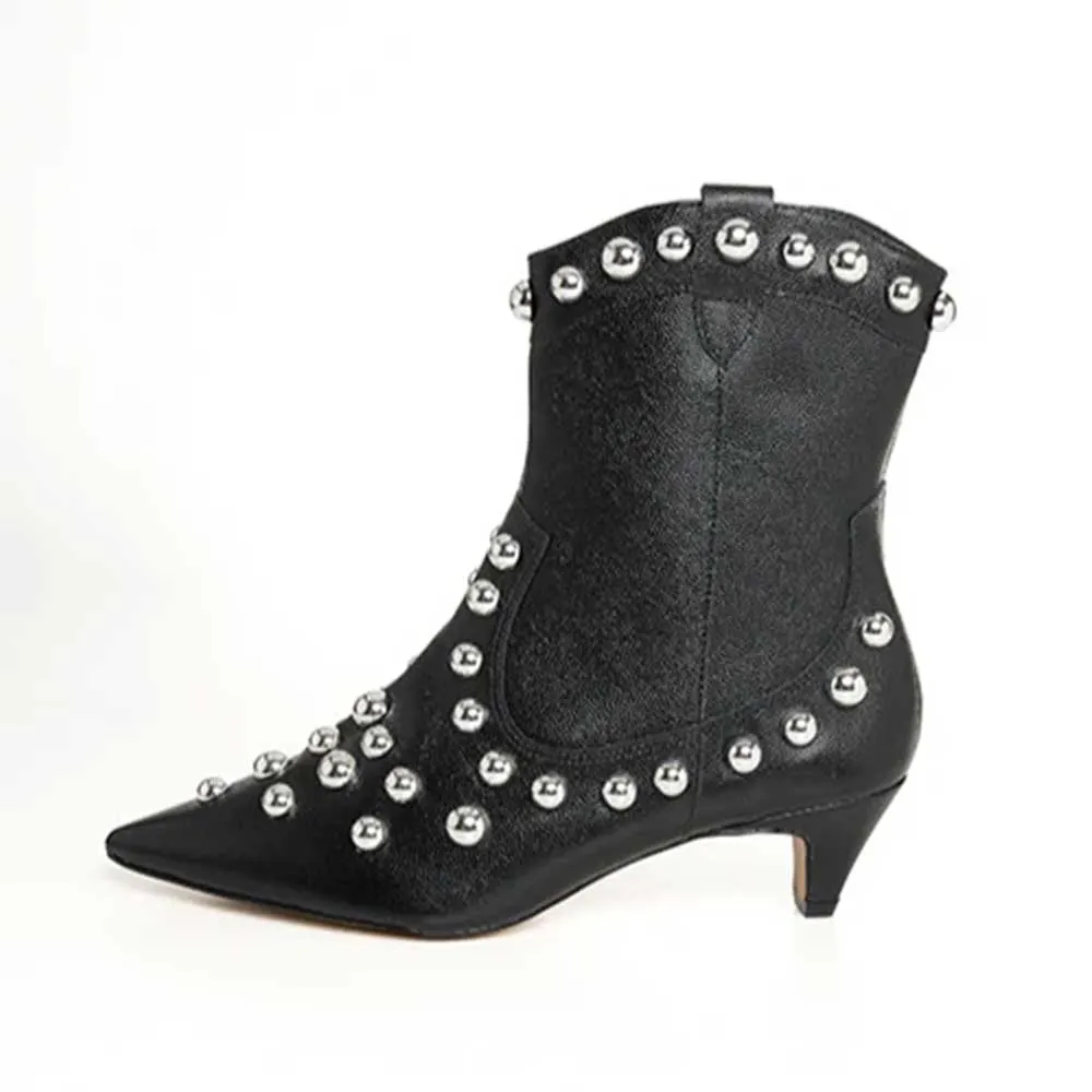 Black Pointed Toe Side Zipper Short Boots for Women with Studded