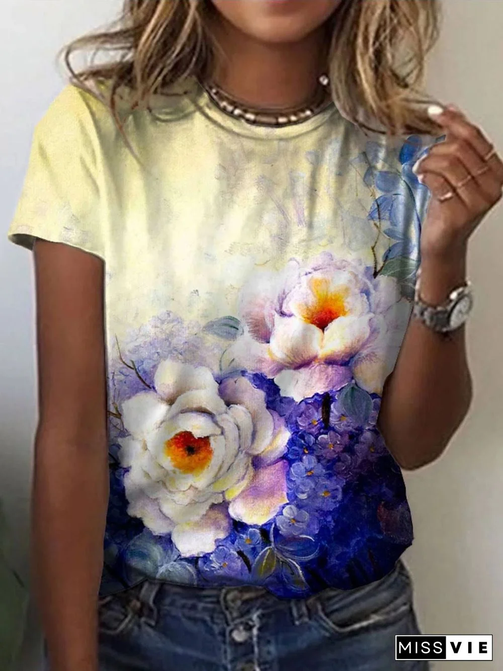 Women'S T-Shirts Floral Print Crew Neck Short Sleeve T-Shirt