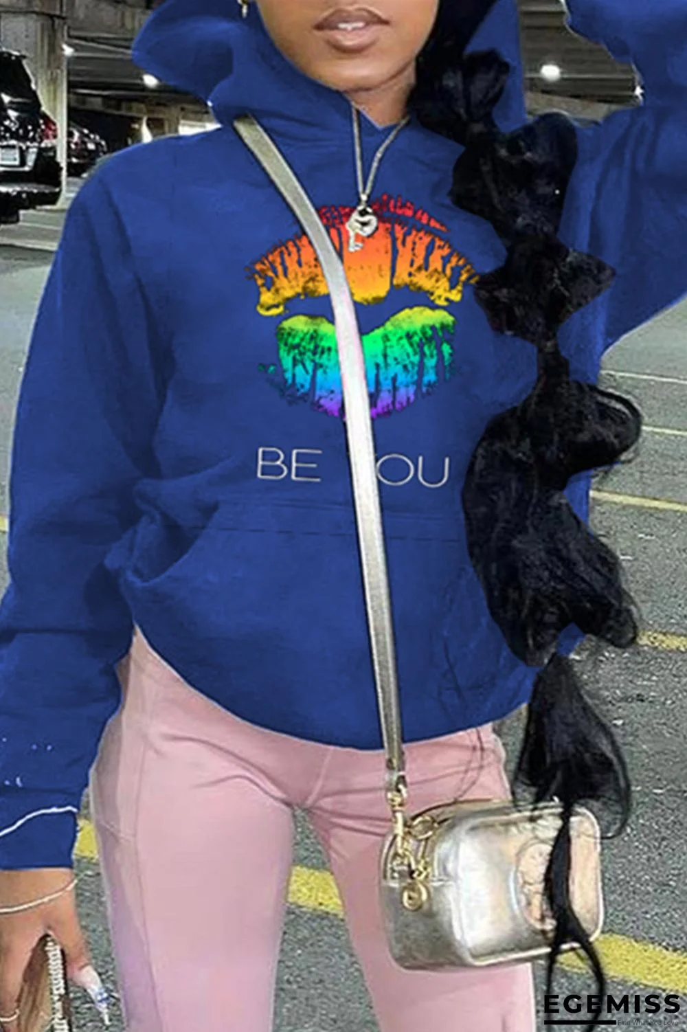 Blue Fashion Casual Lips Printed Basic Hooded Collar Tops | EGEMISS