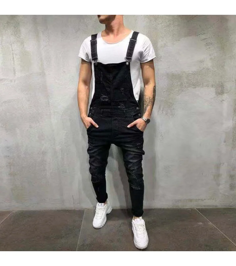 Men Ripped Design Slim Fit Suspender Skinny Jeans S-3XL