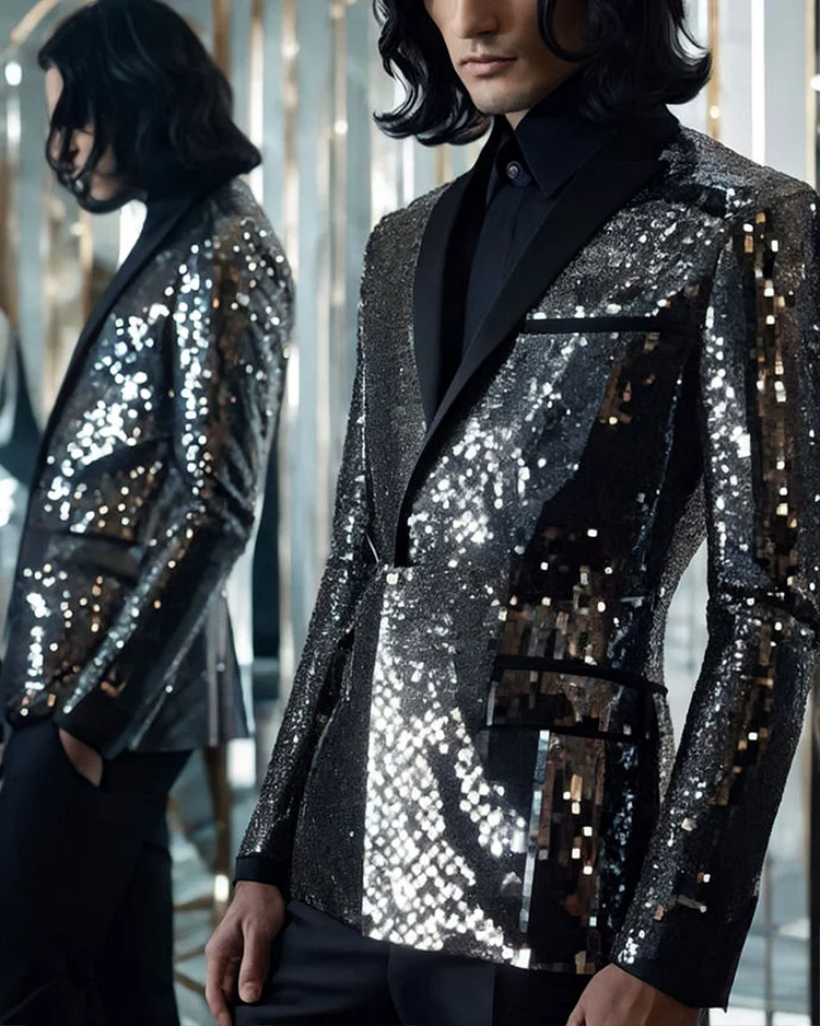 Men's Shiny Black Sequin Blazer