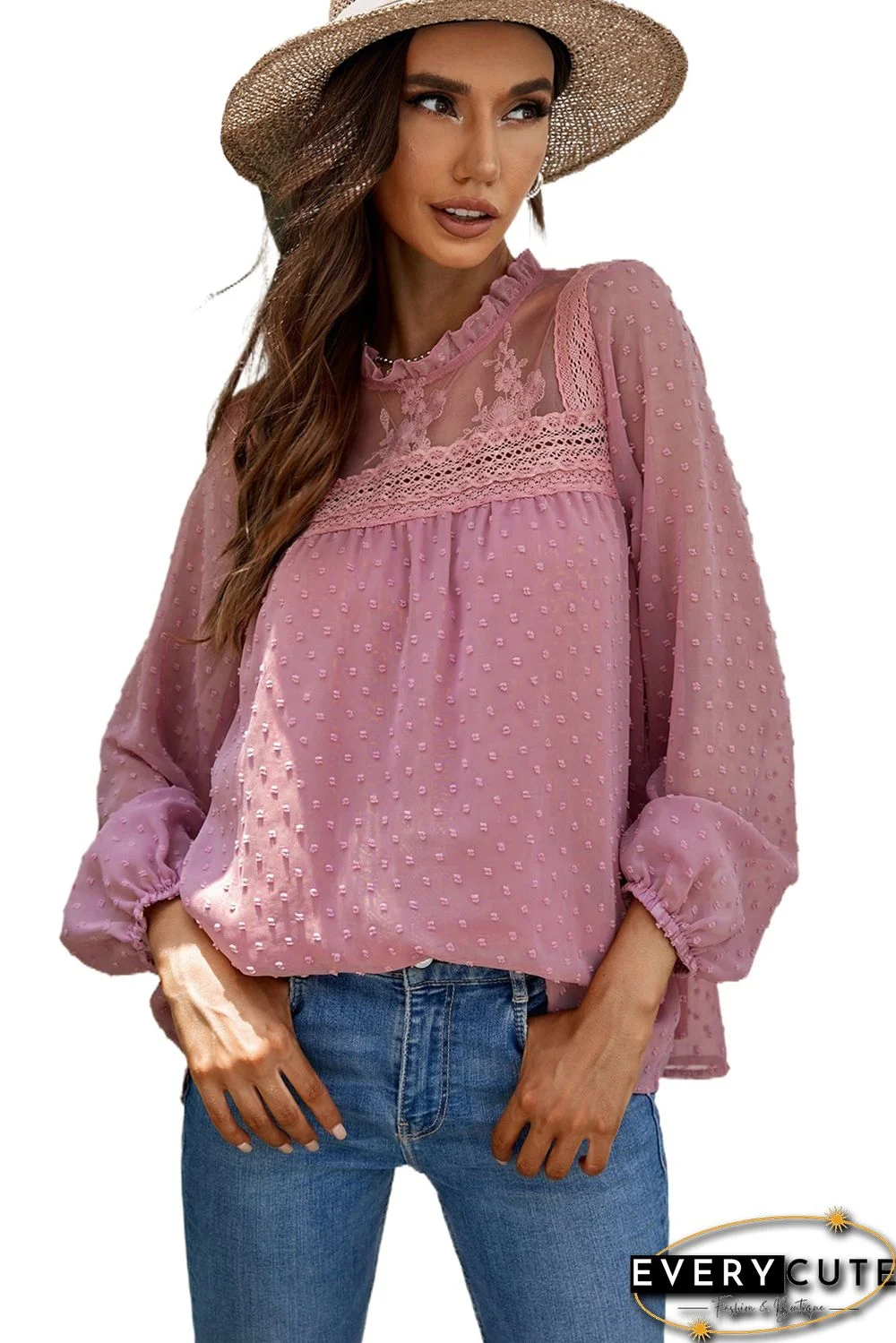 Pink Frill Neck Swiss Dot Puff Sleeve Blouse