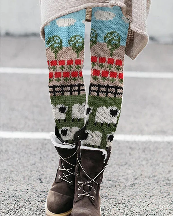Women's Plush Knitted Sheep Print Leggings