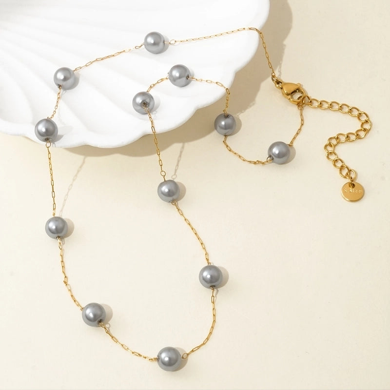 Elegant Geometric 304 Stainless Steel Artificial Pearls 14K Gold Plated Polishing Inlay Stainless Steel Necklaces3