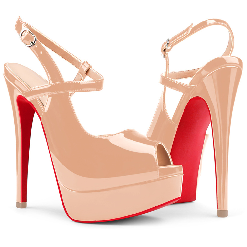150mm Women's Stiletto High Heels Open Toe  Red Bottom Platform Cross Strap Design High Heels-MERUMOTE