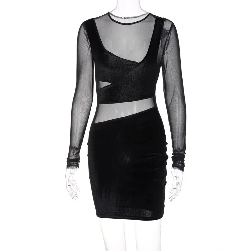 Hugcitar Solid Mesh Patchwork Long Sleeves See Through Bodycon Mini Dress 2021 Fall Winter Women Outfits Party Club Y2K