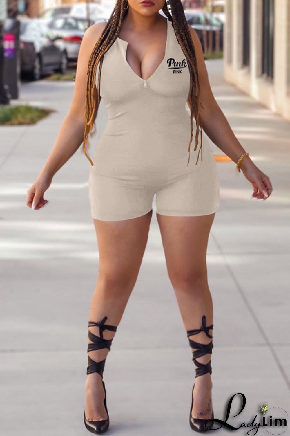 Blue Fashion Casual Letter Print Basic Zipper Collar Skinny Romper