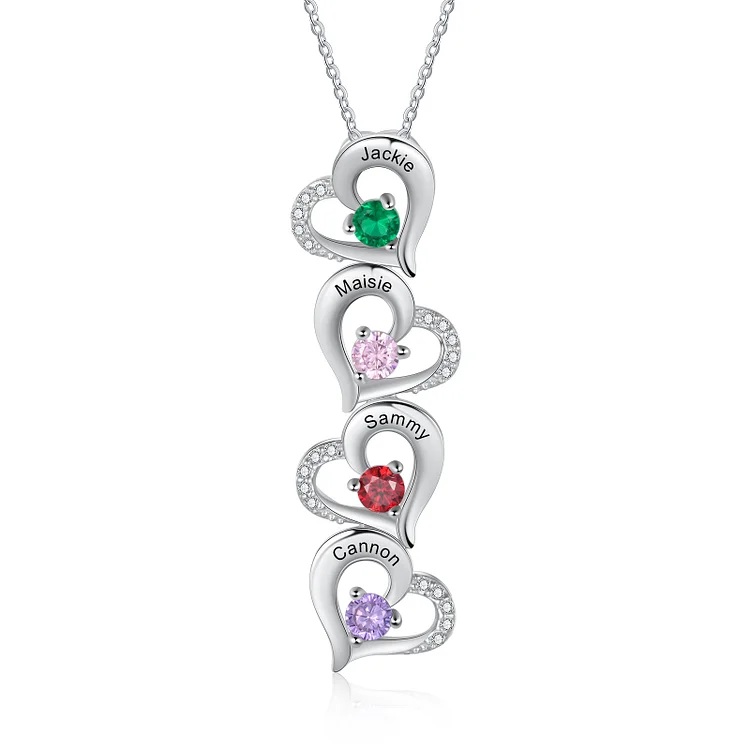 Personalized Heart Birthstone Necklace Custom 4 Names for Family