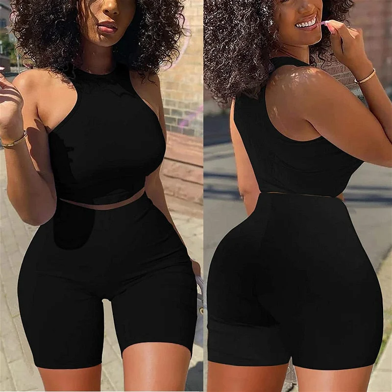 Two Piece Set Women 2021 Summer Solid Color Tracksuits Sleeveless Vest Crop Tops + Skinny Shorts 2Pcs Set Sexy Fitness Clubwear