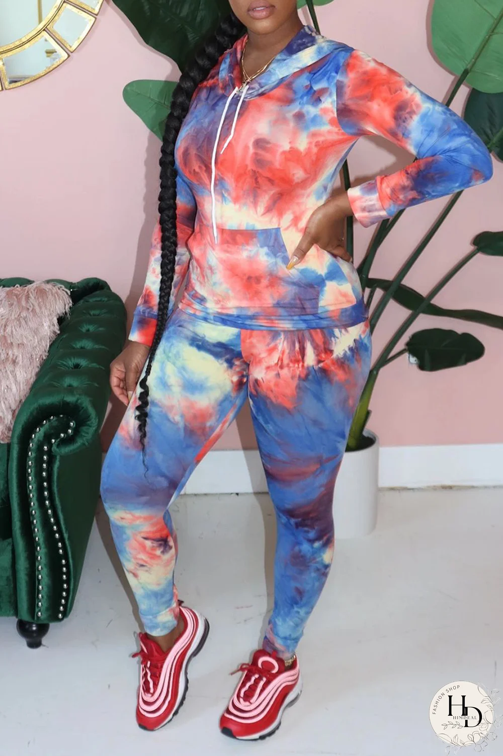 Yellow Casual Patchwork Tie-dye Hooded Collar Long Sleeve Two Pieces