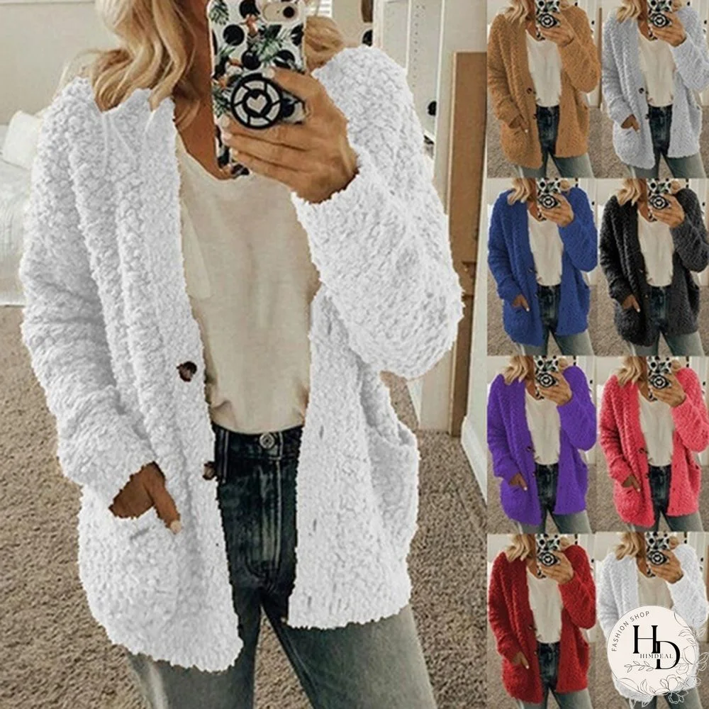 New Winter Fashion Women Long Sleeve Solid Color Plush Cardigan Sweater Coat Tops Loose Button Casual Outwear XS-5XL