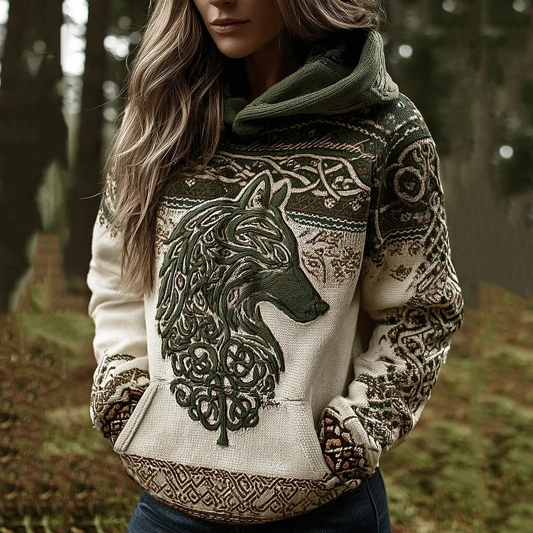 Women's Vintage Celtic Wolf Totem Contrast Hooded Sweater