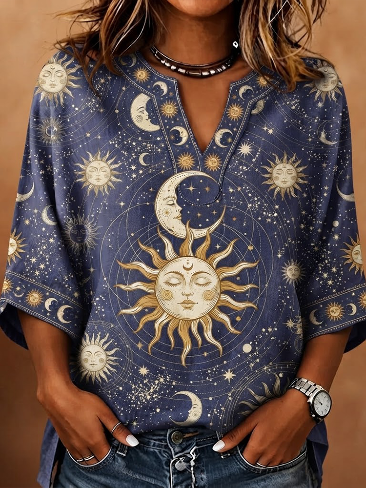 Comstylish Women's Boho Celestial Sun And Moon Print V-neck Half Sleeve Blouse