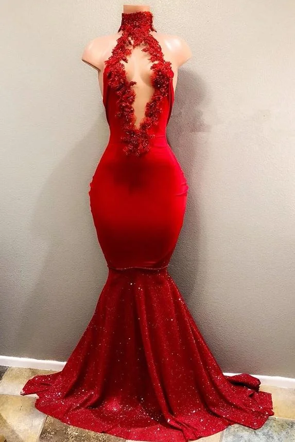 Red High Neck Glittering Mermaid Prom Dress - lulusllly