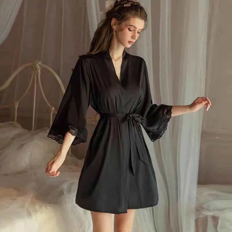 Sdrawing Sdrawing Women's New Autumn And Winter Lace Pure Sleepy Robe High-Grade Ice Silk Spliced Lace Robes Sexy Morning Robe