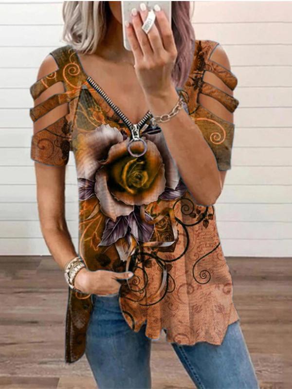 Women Short Sleeve V-neck Printed Hollow Loose Top