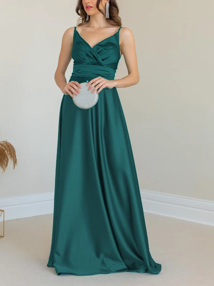 Neosepa-Graceful V Neck Ruffled Bodice Solid Banded Waist Stain Slip Dress
