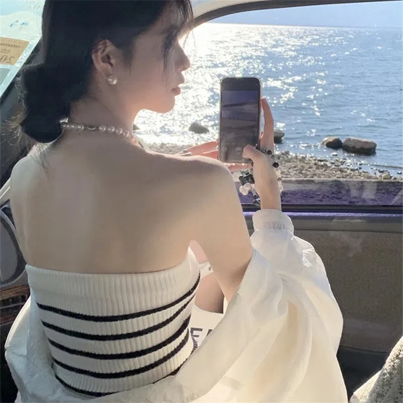 Uveng Uveng Straps With Breasts Outside The Back Wear Hottie Slings Design Feel Summer Striped Knitted Ice Silk Vest Woman