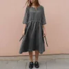 Casual Lace V Neck Cotton Linen Dress
