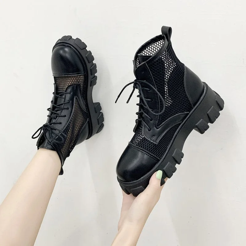 Vstacam  Women Boot Black Mesh Lace Up 2022 New Punk Gothic Women's Ankle Boots Platform Shoes Women Summer Boots Ladies Size 40
