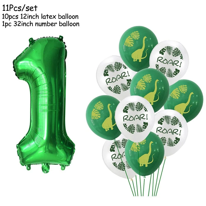 11Pcs Green Foil Number Balloons Dinosaur Latex Balloon Kids Jungle Theme Birthday Safari Forest Party Decorations Baby Shower