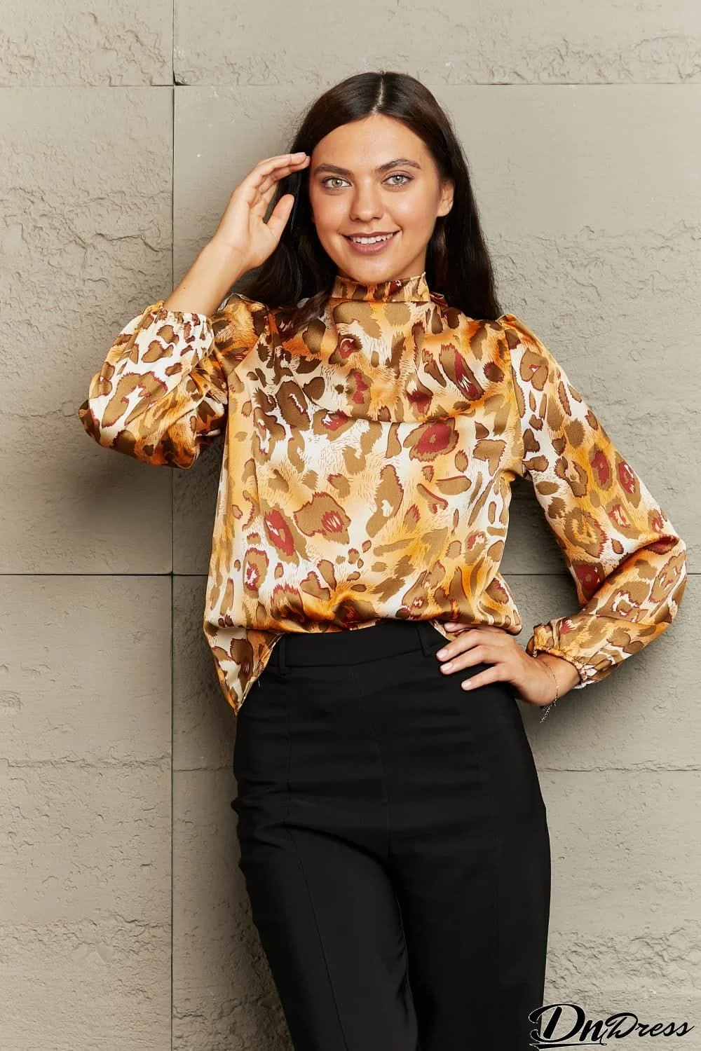 Printed Mock Neck Long Sleeve Blouse