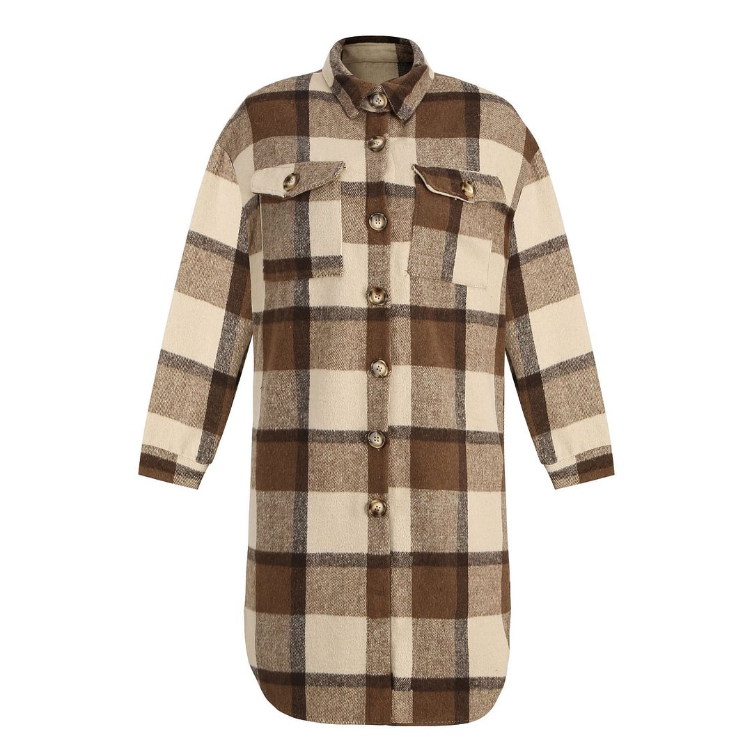 Winter Women's Fashion Plaid Brushed Woolen Long Blouse Coats
