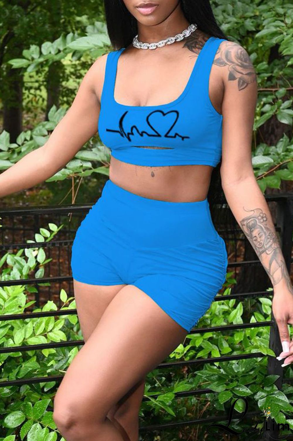 Rose Red Casual Print Split Joint U Neck Sleeveless Two Pieces