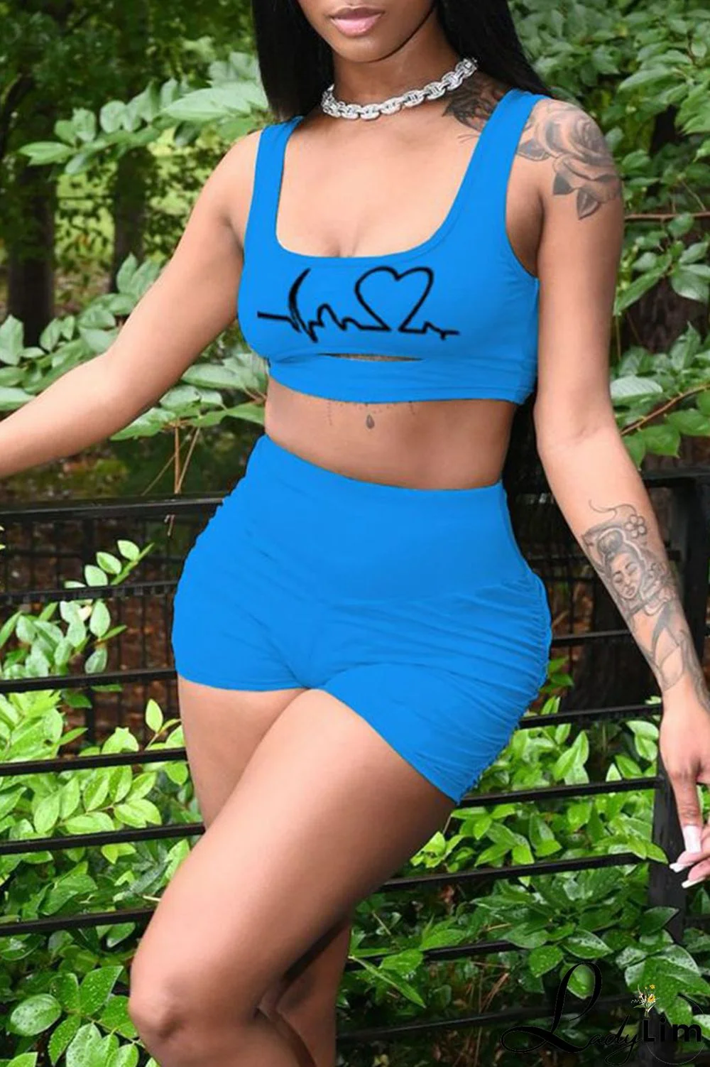 Rose Red Casual Print Split Joint U Neck Sleeveless Two Pieces