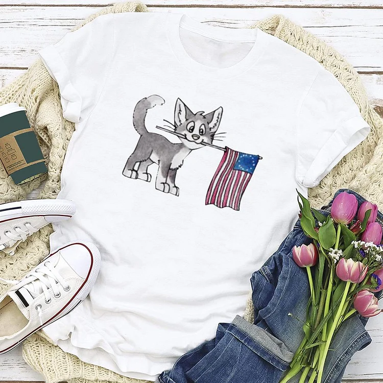 Flag Cat  T-shirt Tee - 01404-Annaletters