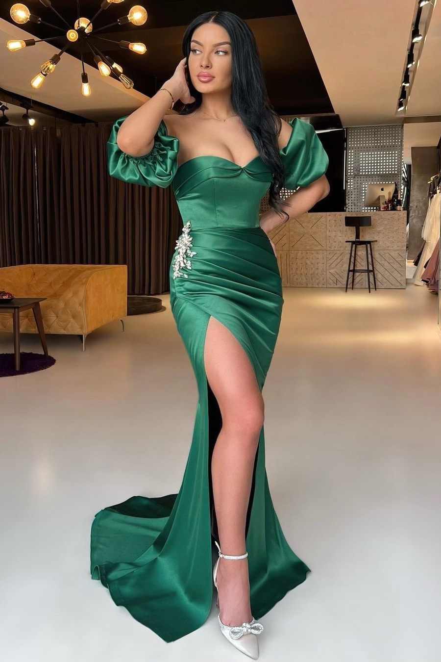 Bellasprom Emerald Green Prom Dress Long Split With Detachable Sleeves Mermaid Bellasprom
