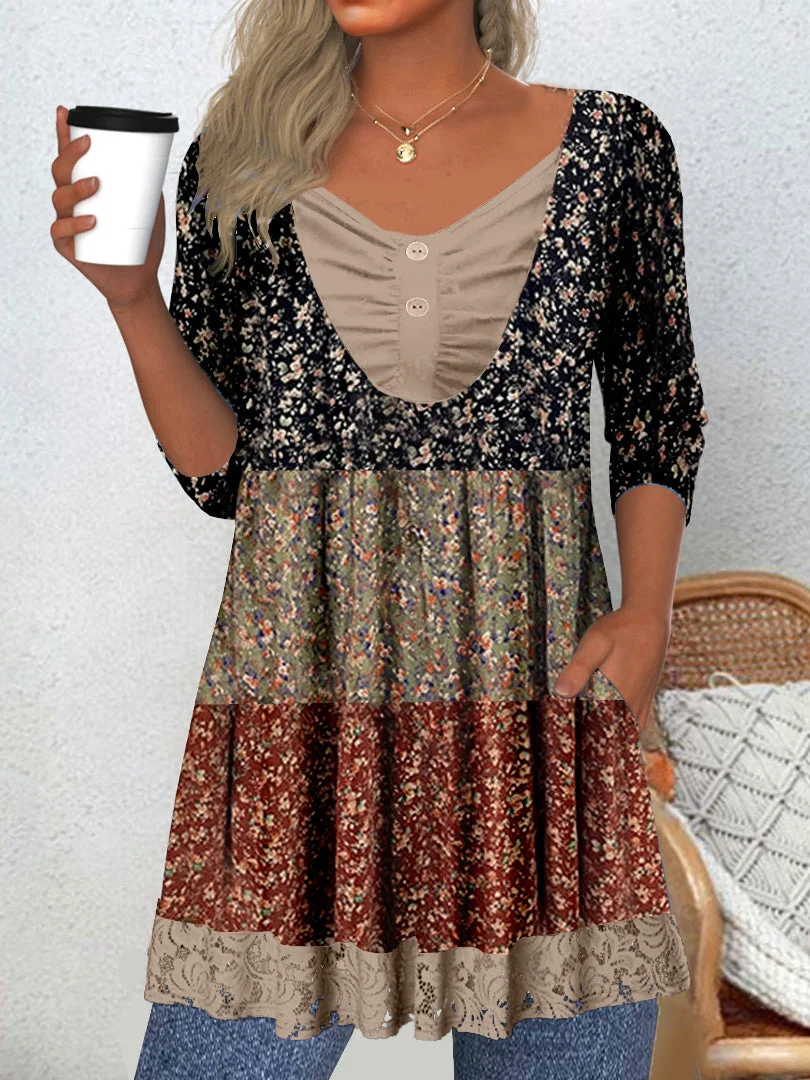 Women's Long Sleeve V-neck Graphic Lace Buttons Tops