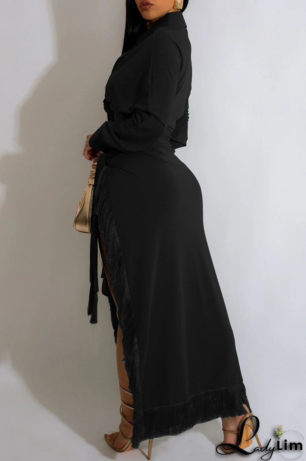 Blue Casual Solid Frenulum Slit Turndown Collar Long Sleeve Two Pieces