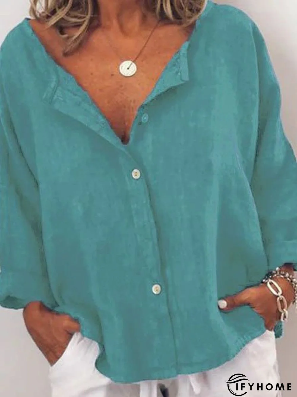 Women Casual Solid V Neck Cotton Long Sleeve Buttoned Tunic Top | IFYHOME