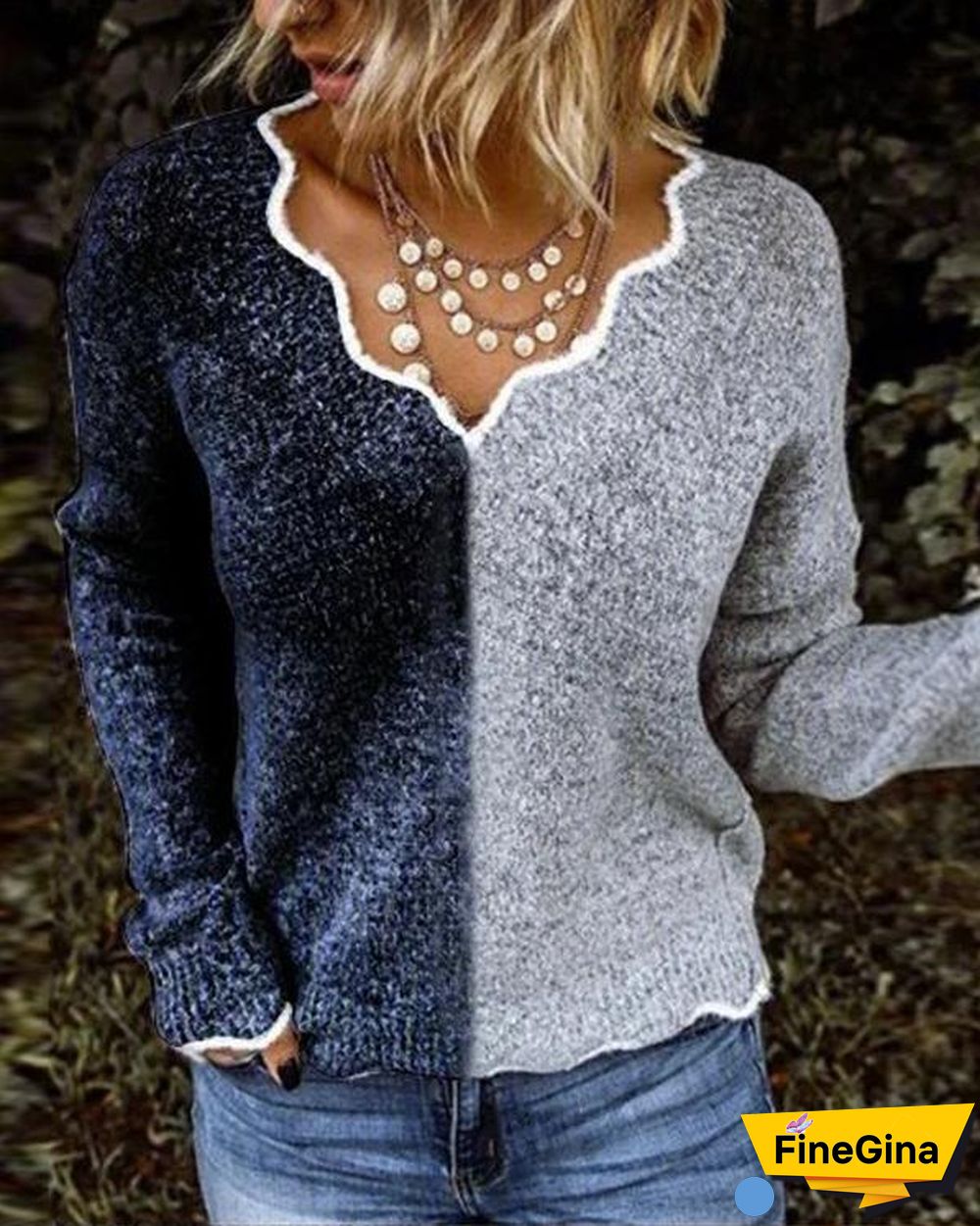 Women Exotic V Neck Long Sleeve Sweater