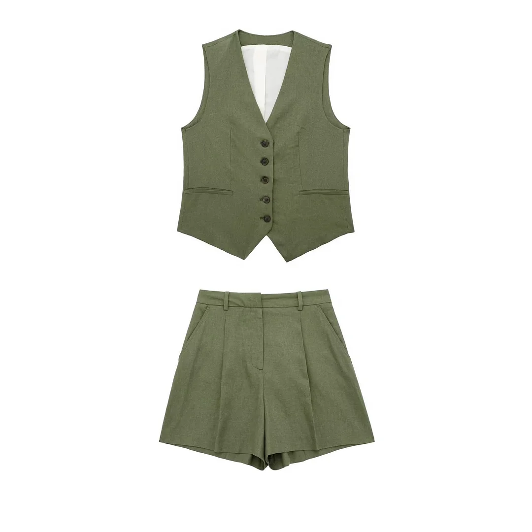 Woherb Fall 2024 New Women's Casual Linen Blend Vest Vest Shorts Set W085 8291-Outfit Ideas