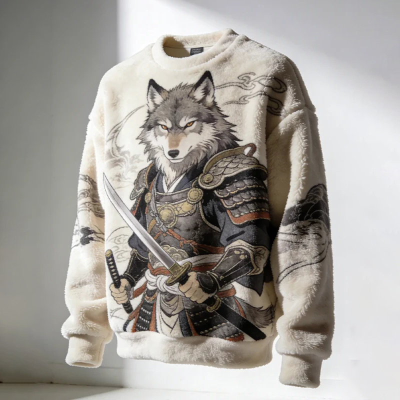 Men's Wolf Warrior Art Print Casual Flannel Sweatshirt  artssus