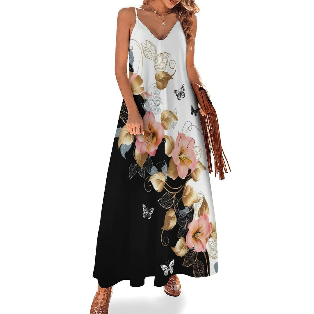 Style & Comfort for Mature Women Plus Size Printed Sling Casual Women Maxi Dress in Pattern Floral, Golden, Black, Pink