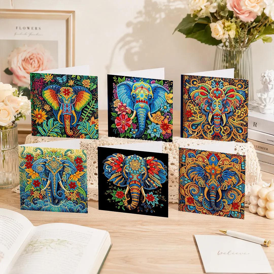 6pcs Elephant DIY Diamond Painting Greeting Card Kits with Envelopes Diamond Art Greeting Cards Diamond Art Cards Kits for Adults DIY Crafts Family Friend Gifts