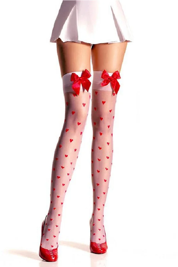 Cute Bows Heart Print Thigh High Christmas Stockings White-elleschic