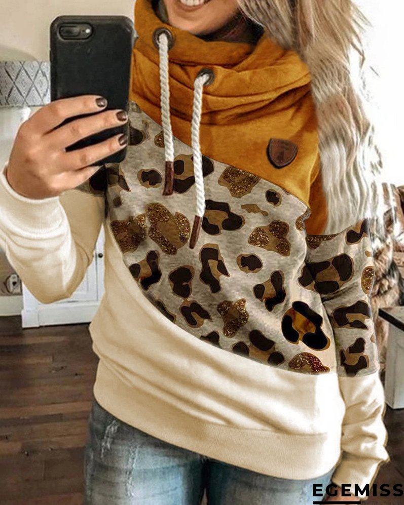 Lantern Sleeve Colorblock Leopard Print Hooded Top | EGEMISS