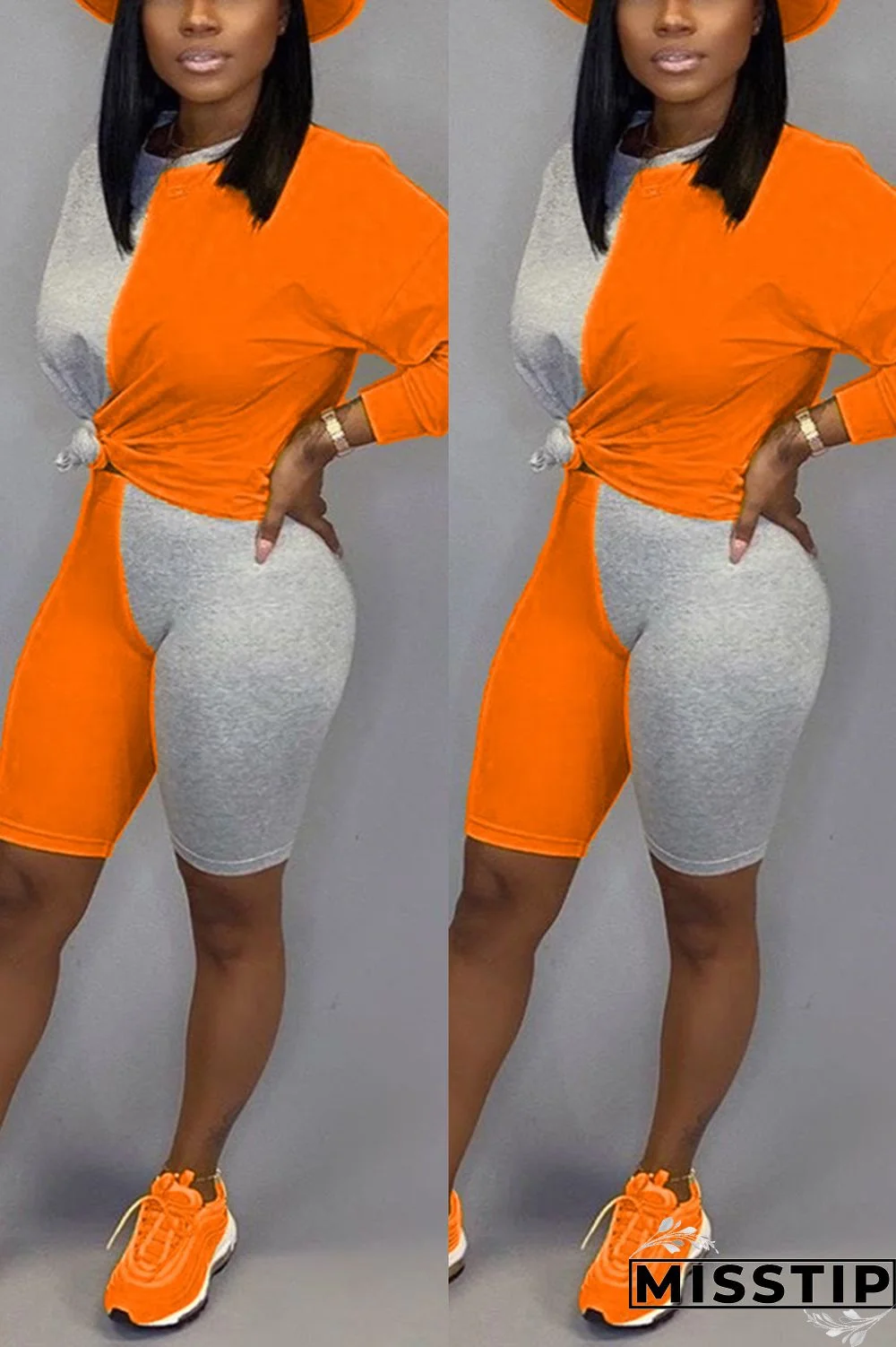 Orange Casual Contrast Splicing Long Sleeve Two-Piece Suit