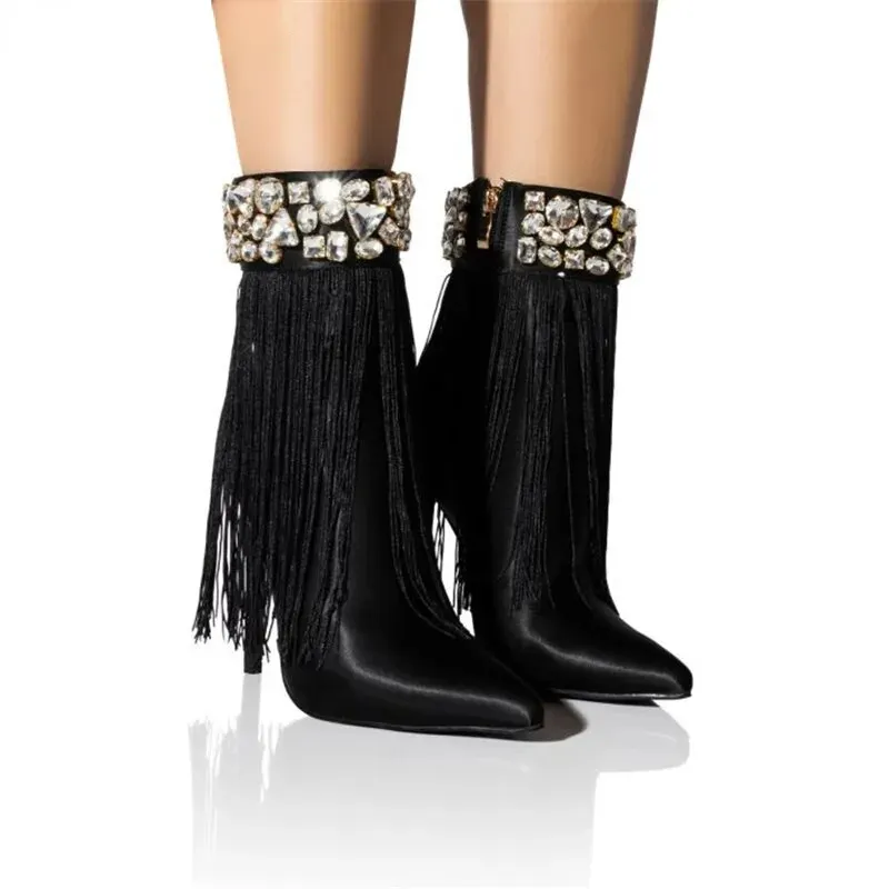 VCSHOES Rhinestone Tassel Fringe Ankle Boots For Women Female Short Booties Ladies High Heels Party Shoes Woman