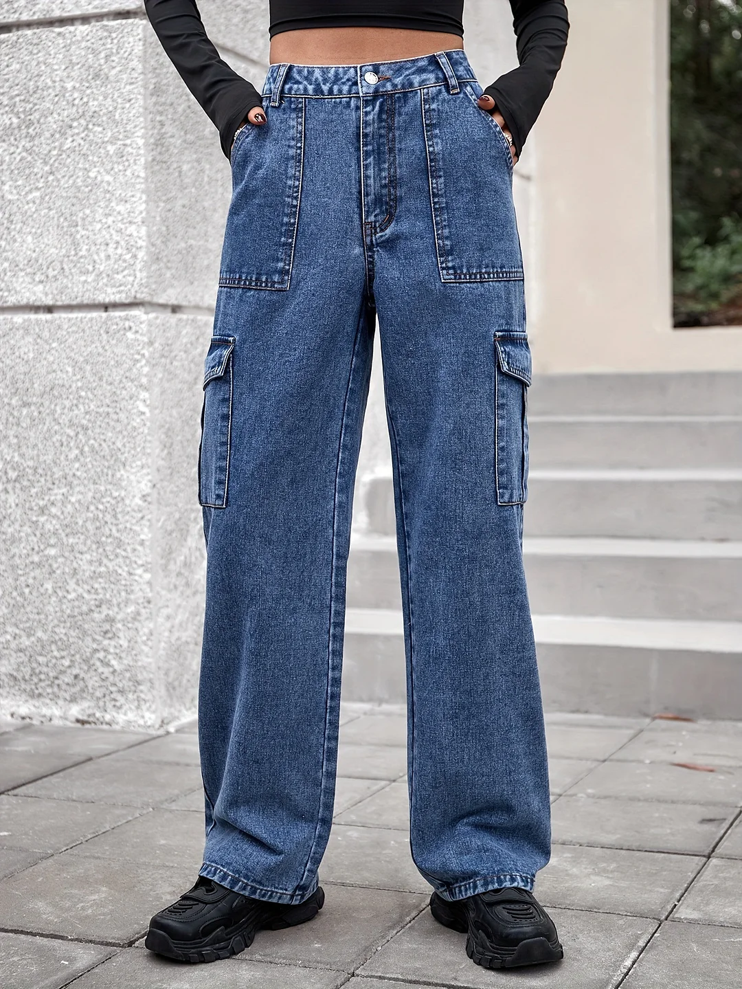 Women's Multi-pocket Wide-leg Denim Jeans Cargo Denim Jean