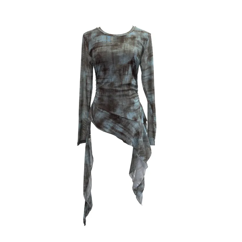 Nigikala Nigikala Print Double-Layer Mesh Long-Sleeved Top Design Feel Irregular Ribbon-Up T-Shirt 99981